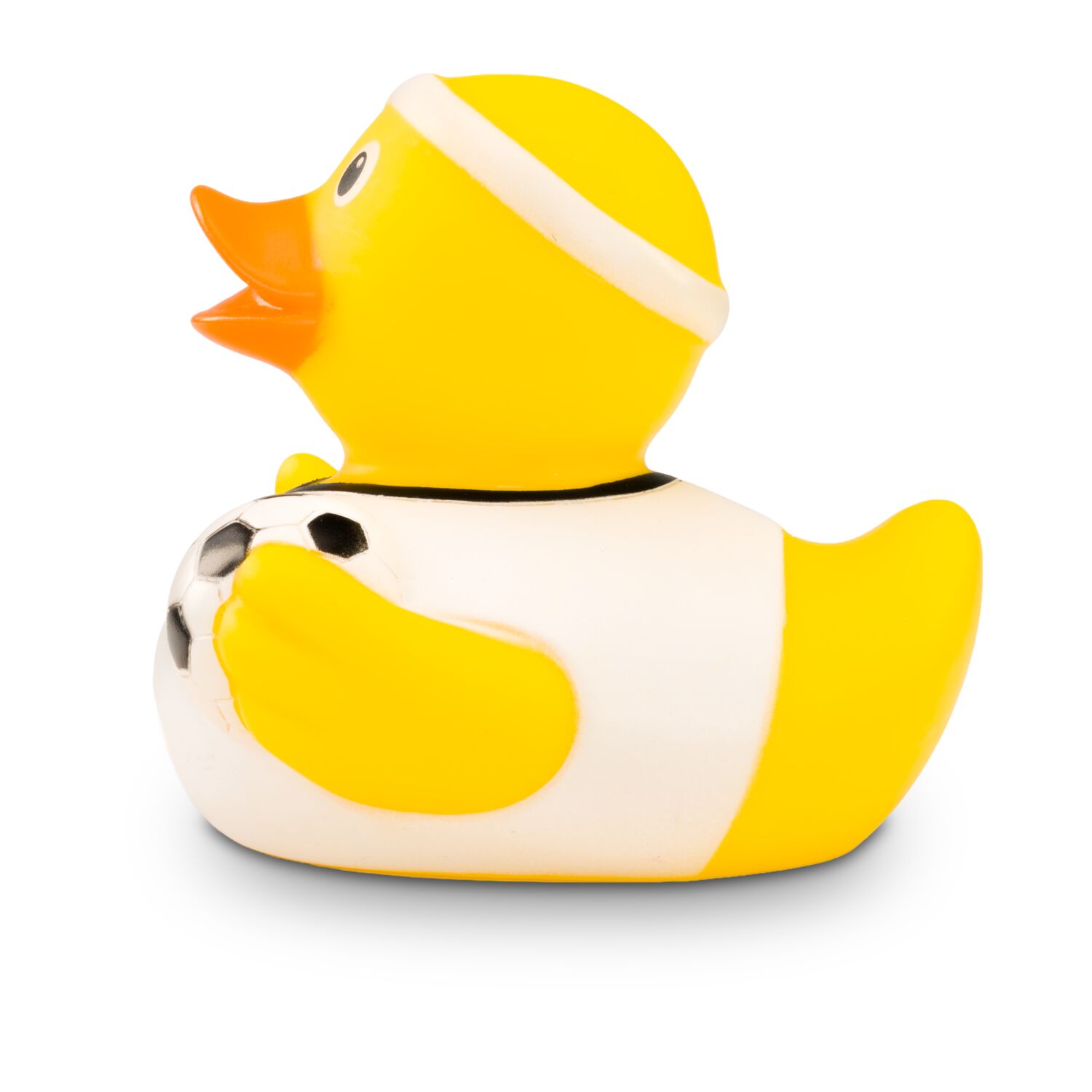 gelbe Badeente Fritz Freistoß mit weißem Trikot, Stirnband und Ball, Größe: ca. 8 cm. Inklusive Quietschventil