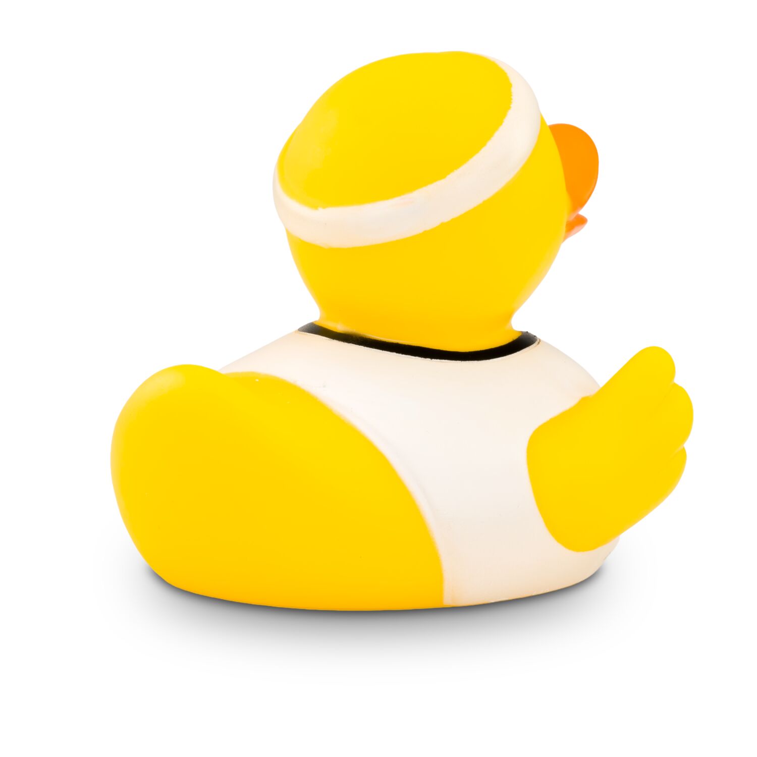 gelbe Badeente Fritz Freistoß mit weißem Trikot, Stirnband und Ball, Größe: ca. 8 cm. Inklusive Quietschventil