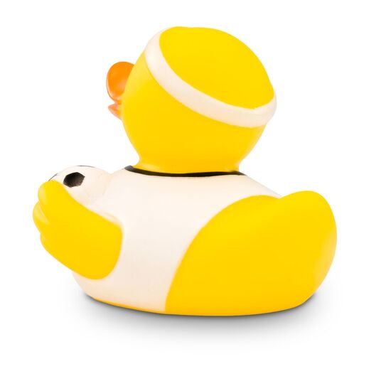 gelbe Badeente Fritz Freistoß mit weißem Trikot, Stirnband und Ball, Größe: ca. 8 cm. Inklusive Quietschventil