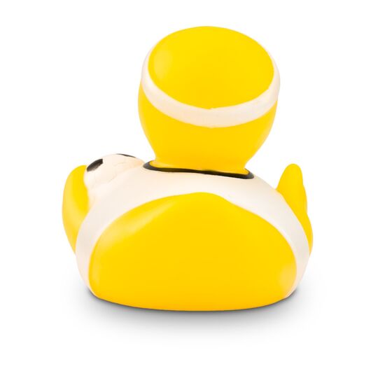 gelbe Badeente Fritz Freistoß mit weißem Trikot, Stirnband und Ball, Größe: ca. 8 cm. Inklusive Quietschventil