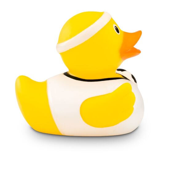 gelbe Badeente Fritz Freistoß mit weißem Trikot, Stirnband und Ball, Größe: ca. 8 cm. Inklusive Quietschventil