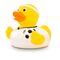 gelbe Badeente Fritz Freistoß mit weißem Trikot, Stirnband und Ball, Größe: ca. 8 cm. Inklusive Quietschventil
