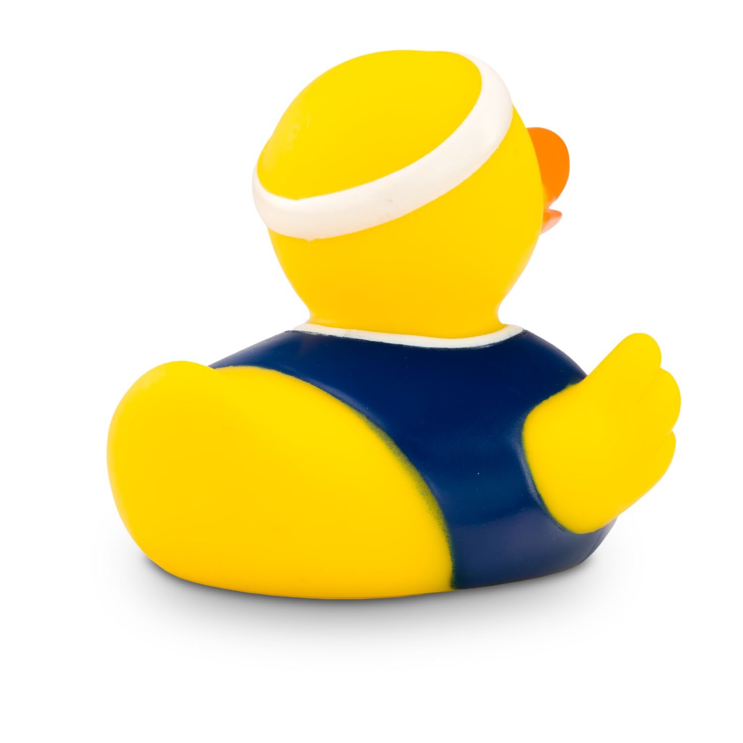 gelbe Badeente Fritz Freistoß mit blauem Trikot, Stirnband und Ball, Größe: ca. 8 cm. Inklusive Quietschventil