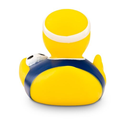gelbe Badeente Fritz Freistoß mit blauem Trikot, Stirnband und Ball, Größe: ca. 8 cm. Inklusive Quietschventil