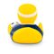 gelbe Badeente Fritz Freistoß mit blauem Trikot, Stirnband und Ball, Größe: ca. 8 cm. Inklusive Quietschventil