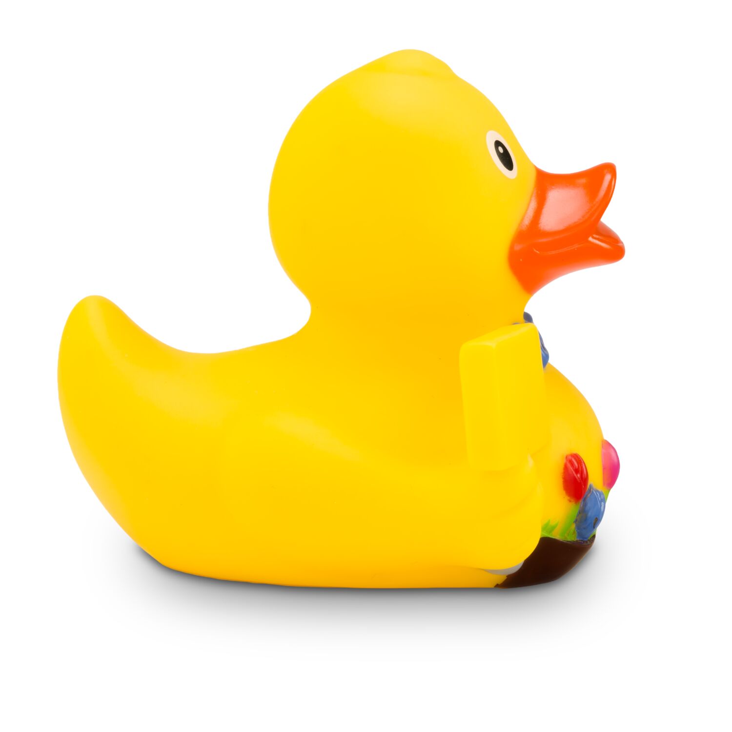 gelbe Werbeente Oli Ortsschild mit Schild, Größe: ca. 8 cm. Inklusive Quietschventil