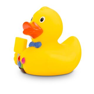 gelbe Werbeente Oli Ortsschild mit Schild, Größe: ca. 8 cm. Inklusive Quietschventil