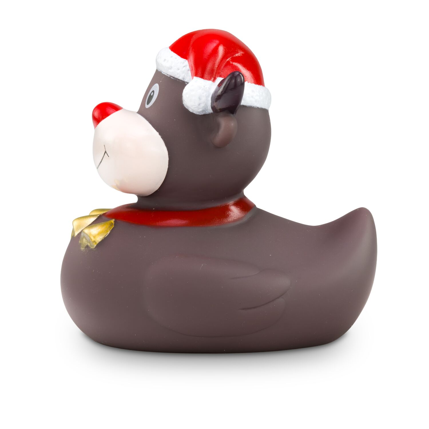 braune Werbeente Rudolph Rentier mit roter Nase, Weihnachtsmütze, Halsband mit Glöckchen, Größe: ca. 8 cm. Inklusive Quietschventil