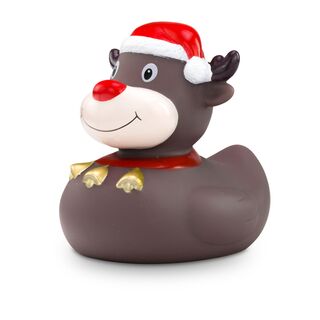 braune Werbeente Rudolph Rentier mit roter Nase, Weihnachtsmütze, Halsband mit Glöckchen, Größe: ca. 8 cm. Inklusive Quietschventil
