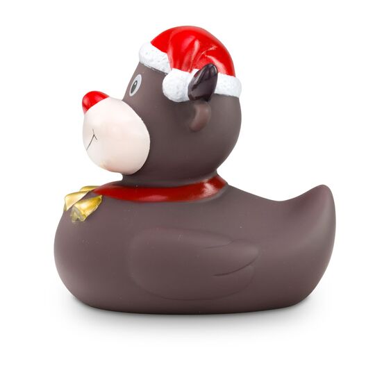 braune Werbeente Rudolph Rentier mit roter Nase, Weihnachtsmütze, Halsband mit Glöckchen, Größe: ca. 8 cm. Inklusive Quietschventil