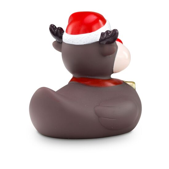 braune Werbeente Rudolph Rentier mit roter Nase, Weihnachtsmütze, Halsband mit Glöckchen, Größe: ca. 8 cm. Inklusive Quietschventil