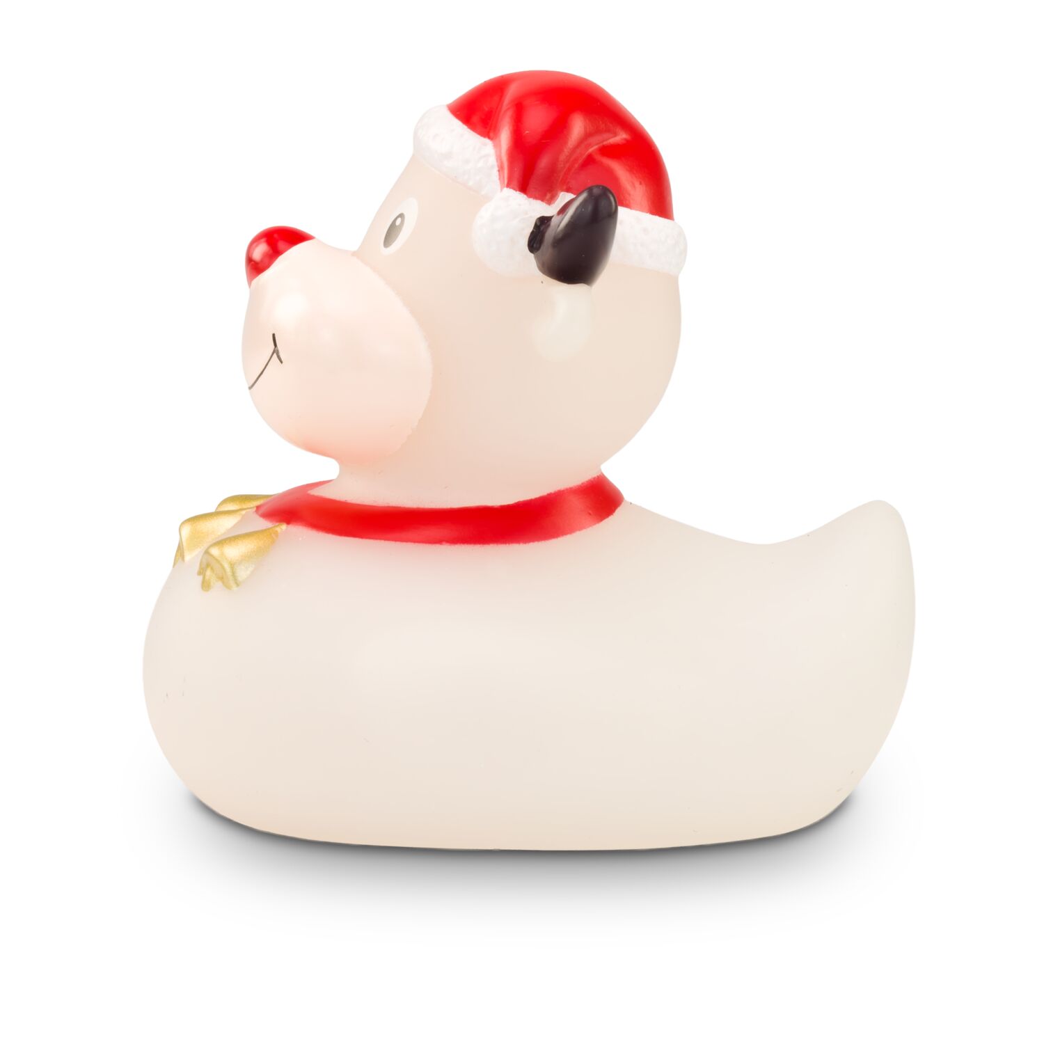gefrostete Werbeente Rudolph Rentier mit roter Nase, Weihnachtsmütze, Halsband mit Glöckchen, Größe: ca. 8 cm. Inklusive Quietschventil