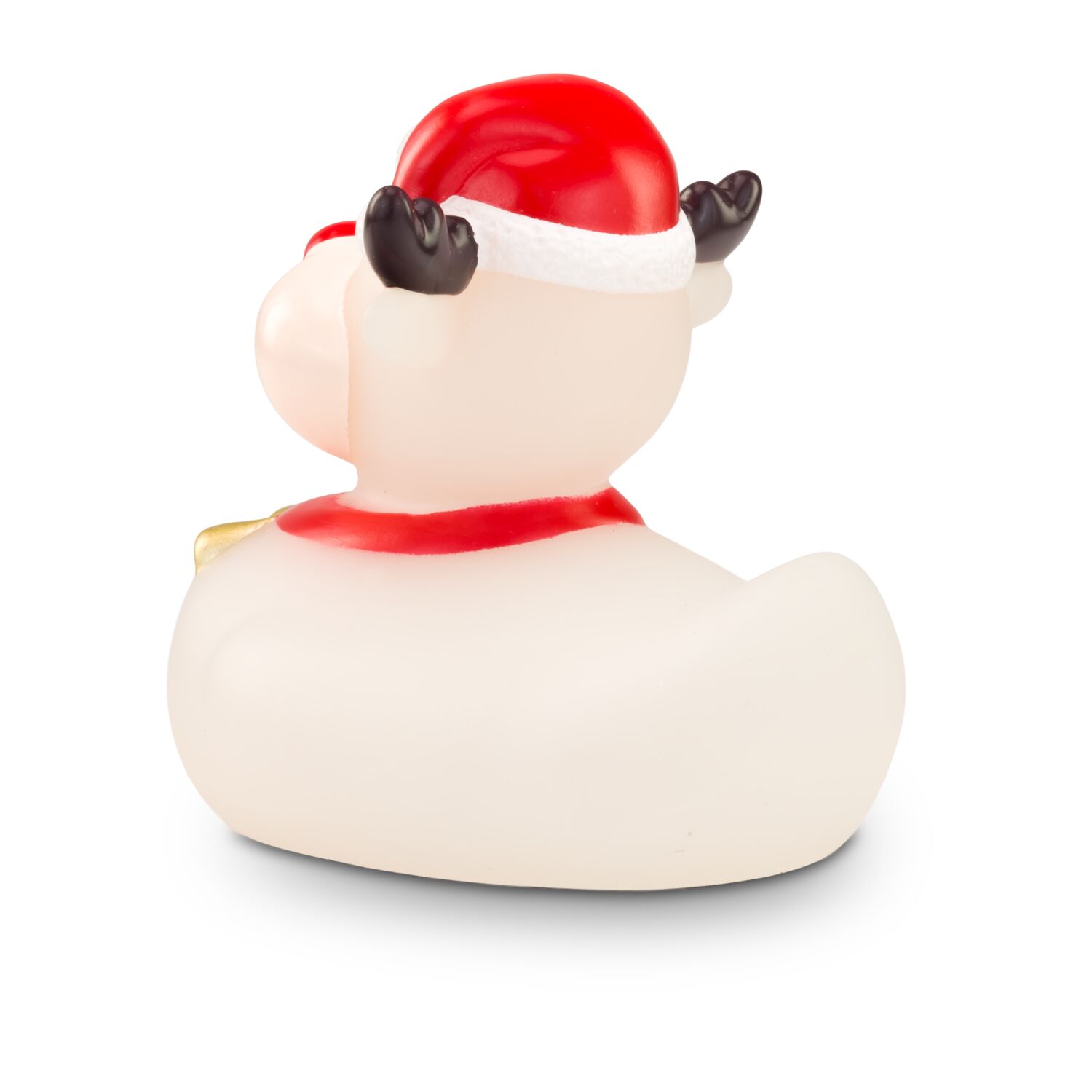 gefrostete Werbeente Rudolph Rentier mit roter Nase, Weihnachtsmütze, Halsband mit Glöckchen, Größe: ca. 8 cm. Inklusive Quietschventil