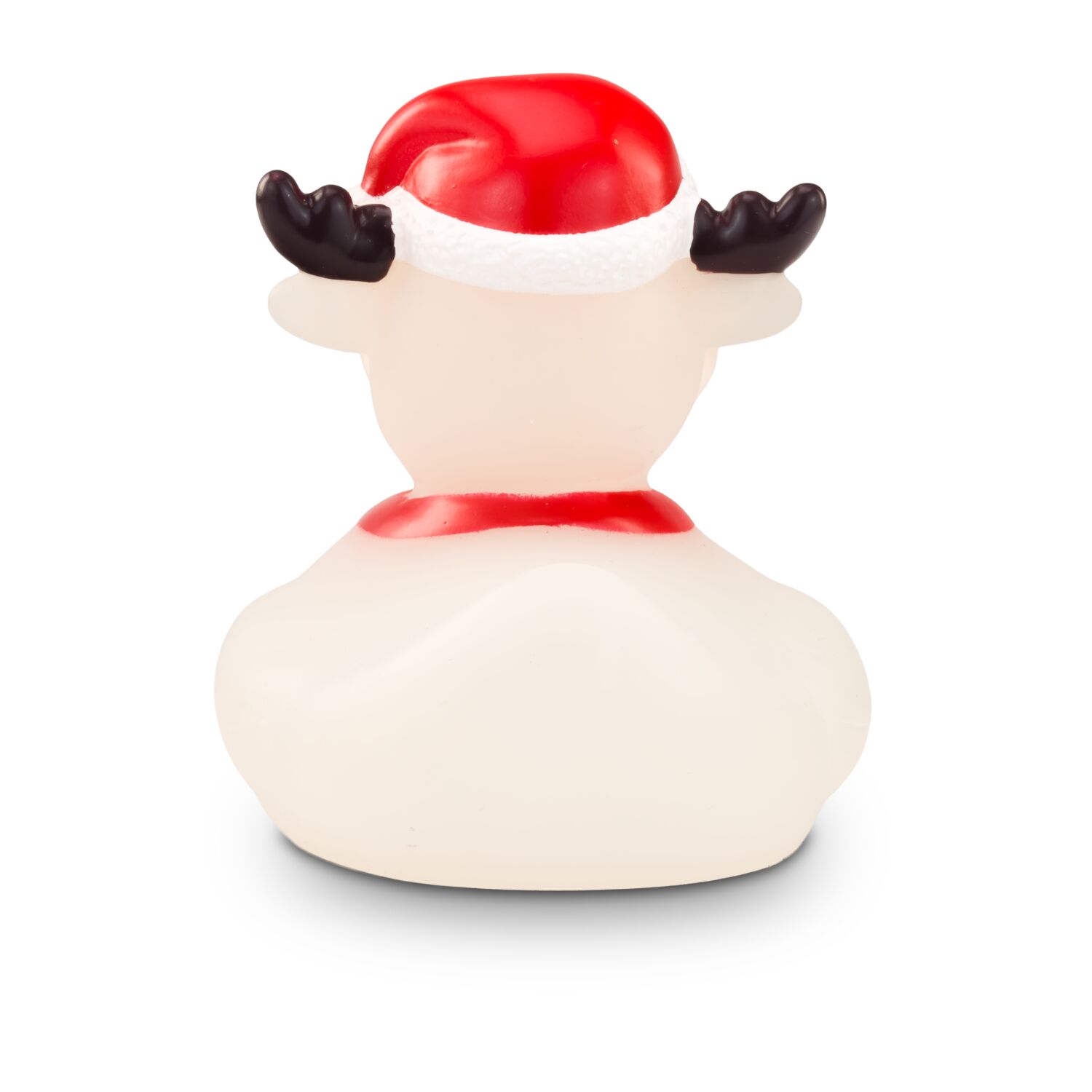 gefrostete Werbeente Rudolph Rentier mit roter Nase, Weihnachtsmütze, Halsband mit Glöckchen, Größe: ca. 8 cm. Inklusive Quietschventil