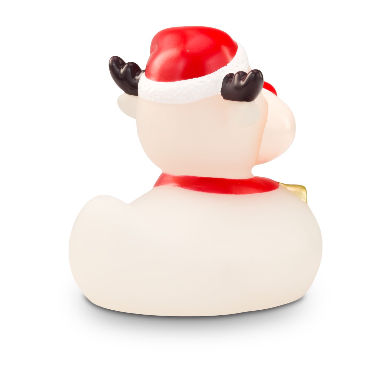 gefrostete Werbeente Rudolph Rentier mit roter Nase, Weihnachtsmütze, Halsband mit Glöckchen, Größe: ca. 8 cm. Inklusive Quietschventil