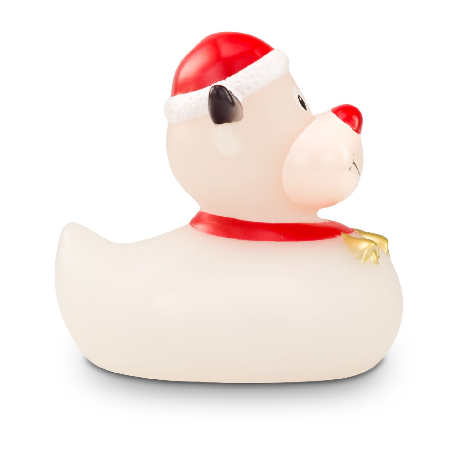 gefrostete Werbeente Rudolph Rentier mit roter Nase, Weihnachtsmütze, Halsband mit Glöckchen, Größe: ca. 8 cm. Inklusive Quietschventil