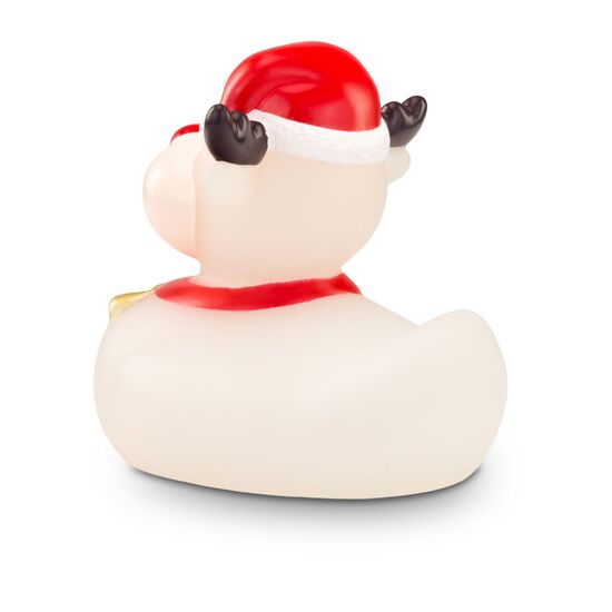 gefrostete Werbeente Rudolph Rentier mit roter Nase, Weihnachtsmütze, Halsband mit Glöckchen, Größe: ca. 8 cm. Inklusive Quietschventil