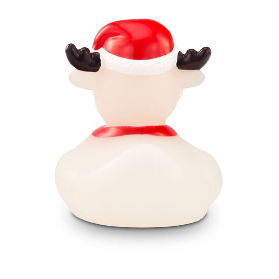 gefrostete Werbeente Rudolph Rentier mit roter Nase, Weihnachtsmütze, Halsband mit Glöckchen, Größe: ca. 8 cm. Inklusive Quietschventil