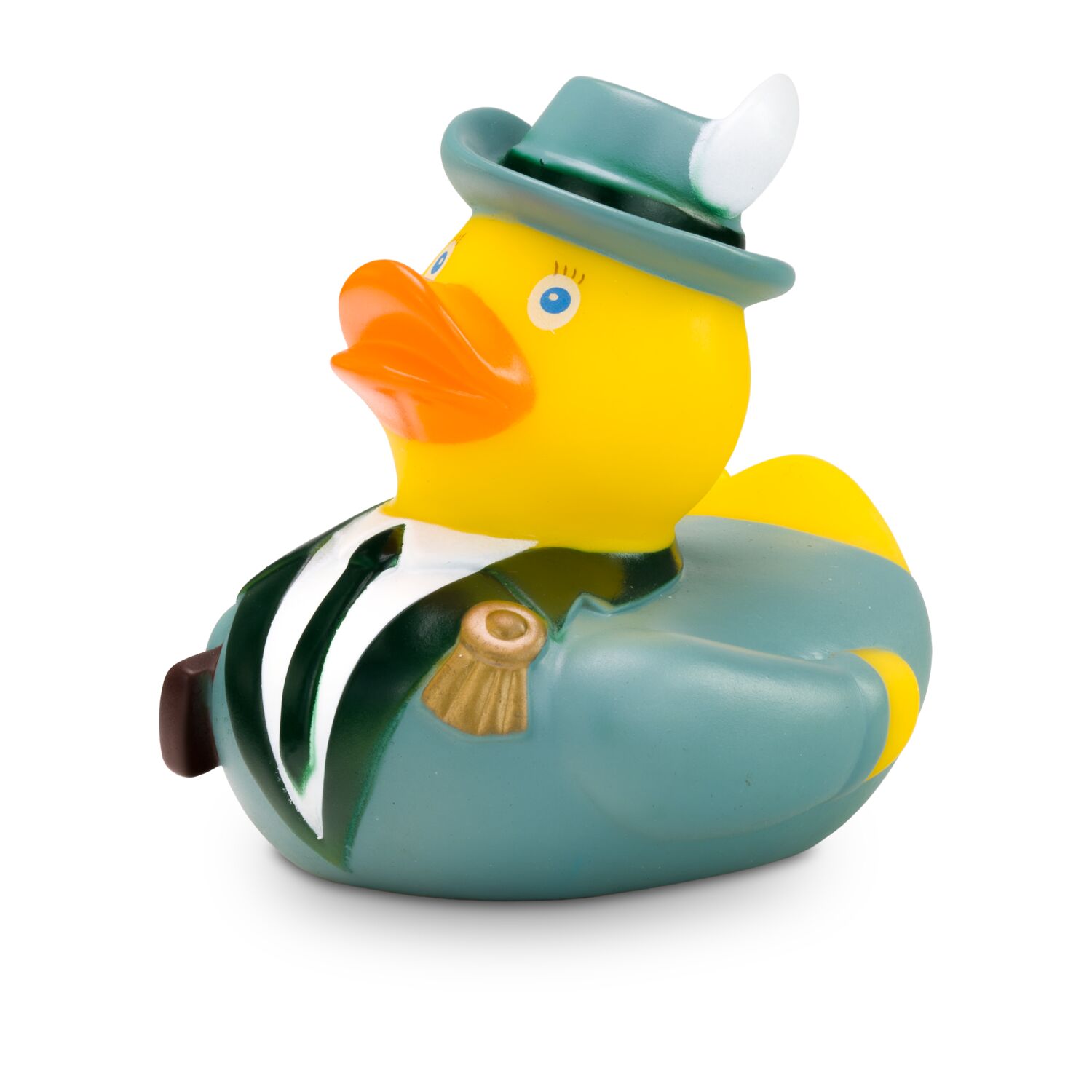 gelbe Werbeente Stephan Schütze mit Uniformjacke, Gewehr, Hut mit Feder und Orden. Größe: ca. 8 cm. Inklusive Quietschventil