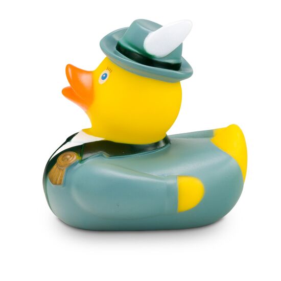 gelbe Werbeente Stephan Schütze mit Uniformjacke, Gewehr, Hut mit Feder und Orden. Größe: ca. 8 cm. Inklusive Quietschventil