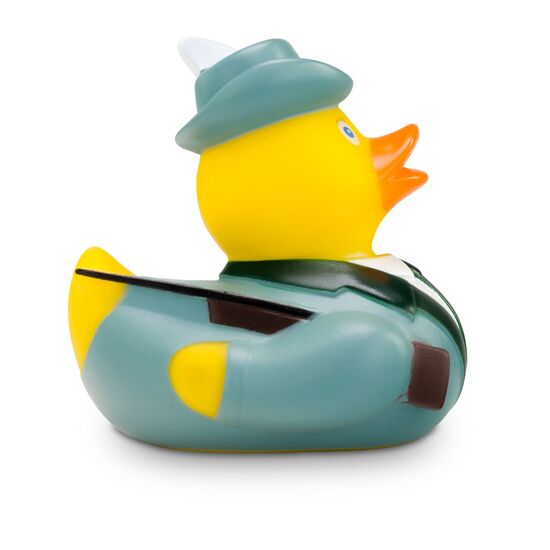 gelbe Werbeente Stephan Schütze mit Uniformjacke, Gewehr, Hut mit Feder und Orden. Größe: ca. 8 cm. Inklusive Quietschventil