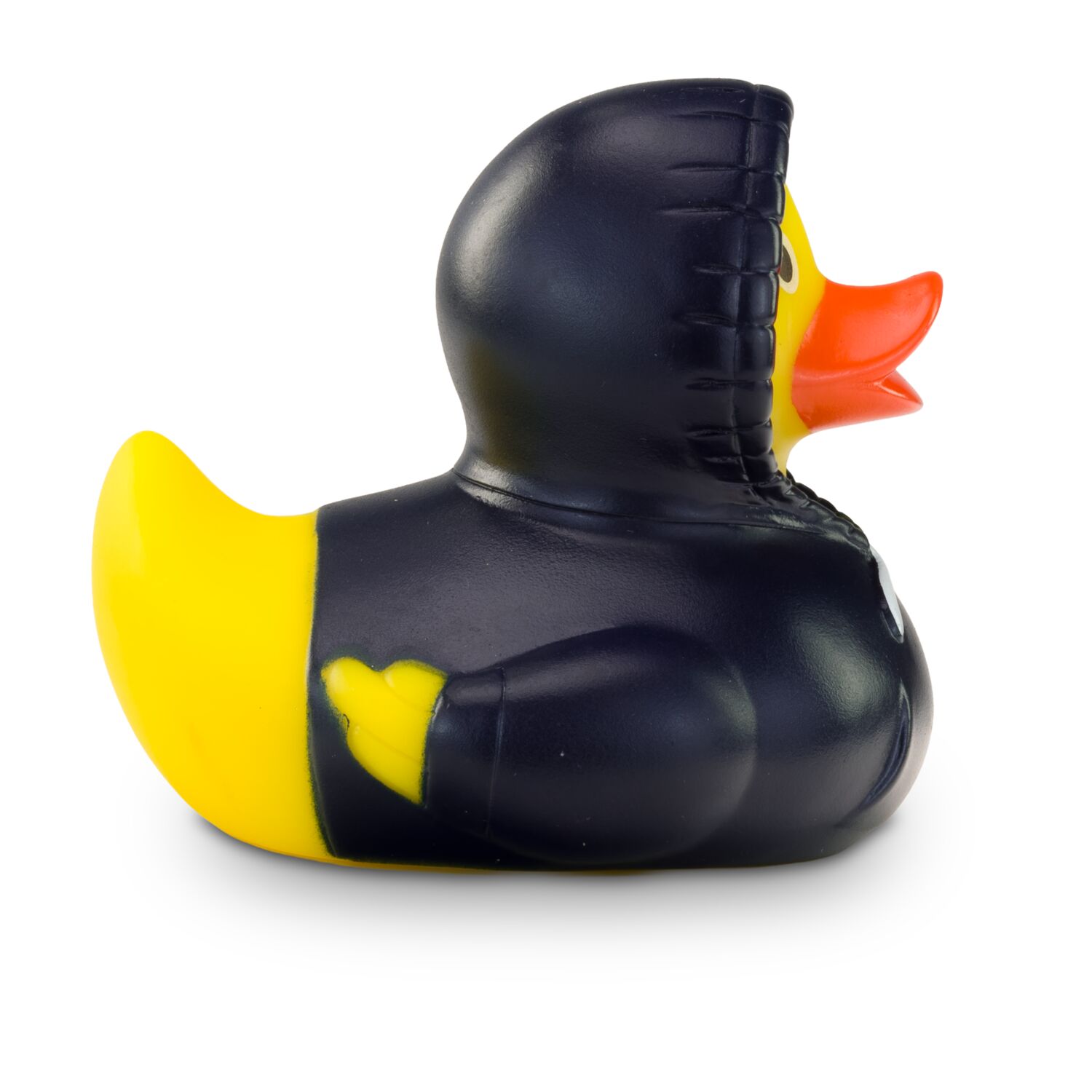 gelbe Werbeente Hektor Hoodie mit blauen Kapuzenpullover inklusive Kordel, Größe: ca. 8 cm. Inklusive Quietschventil