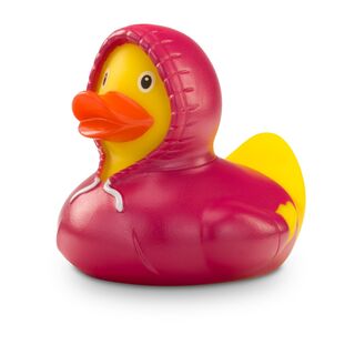 gelbe Werbeente Hektor Hoodie mit pinken Kapuzenpullover inklusive Kordel, Größe: ca. 8 cm. Inklusive Quietschventil