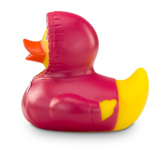 gelbe Werbeente Hektor Hoodie mit pinken Kapuzenpullover inklusive Kordel, Größe: ca. 8 cm. Inklusive Quietschventil