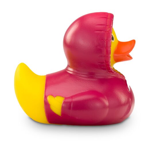 gelbe Werbeente Hektor Hoodie mit pinken Kapuzenpullover inklusive Kordel, Größe: ca. 8 cm. Inklusive Quietschventil