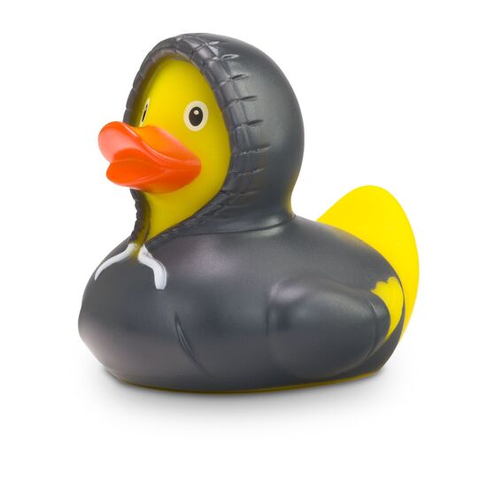 gelbe Werbeente Hektor Hoodie mit grauen Kapuzenpullover inklusive Kordel, Größe: ca. 8 cm. Inklusive Quietschventil