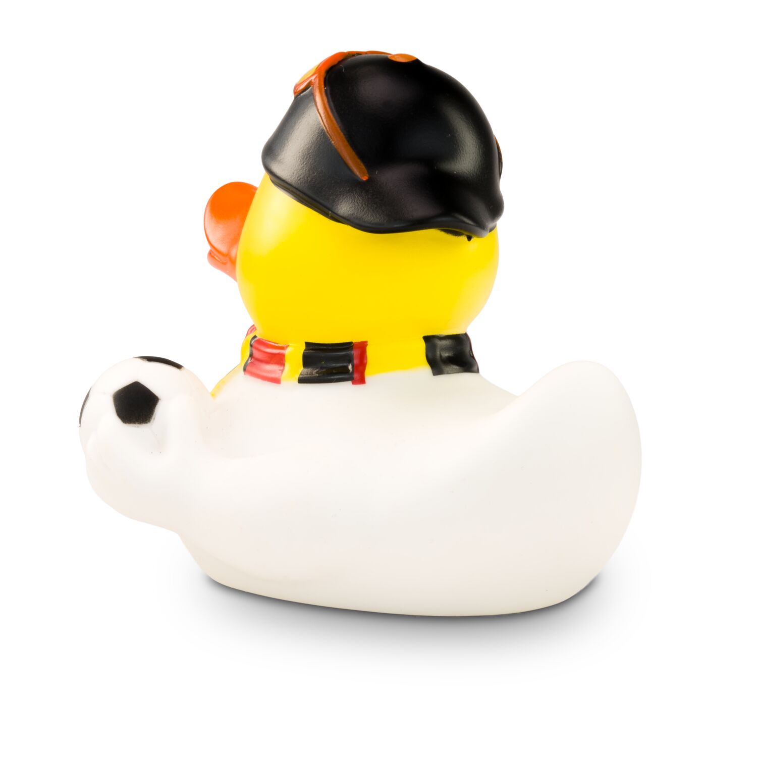 gelbe Werbeente Sandro Stadion mit weißem Trikot, Fanschal in schwarz-rot-gold und Fußball, Größe: ca. 8 cm. Inklusive Quietschventil