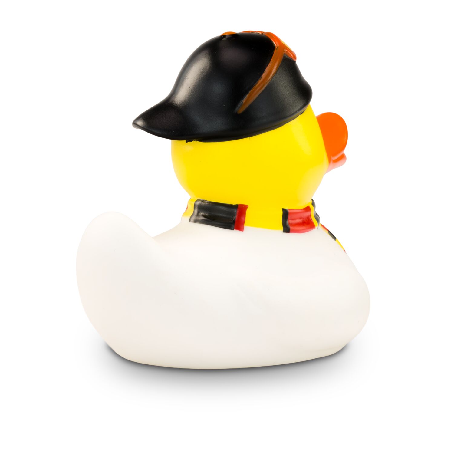 gelbe Werbeente Sandro Stadion mit weißem Trikot, Fanschal in schwarz-rot-gold und Fußball, Größe: ca. 8 cm. Inklusive Quietschventil