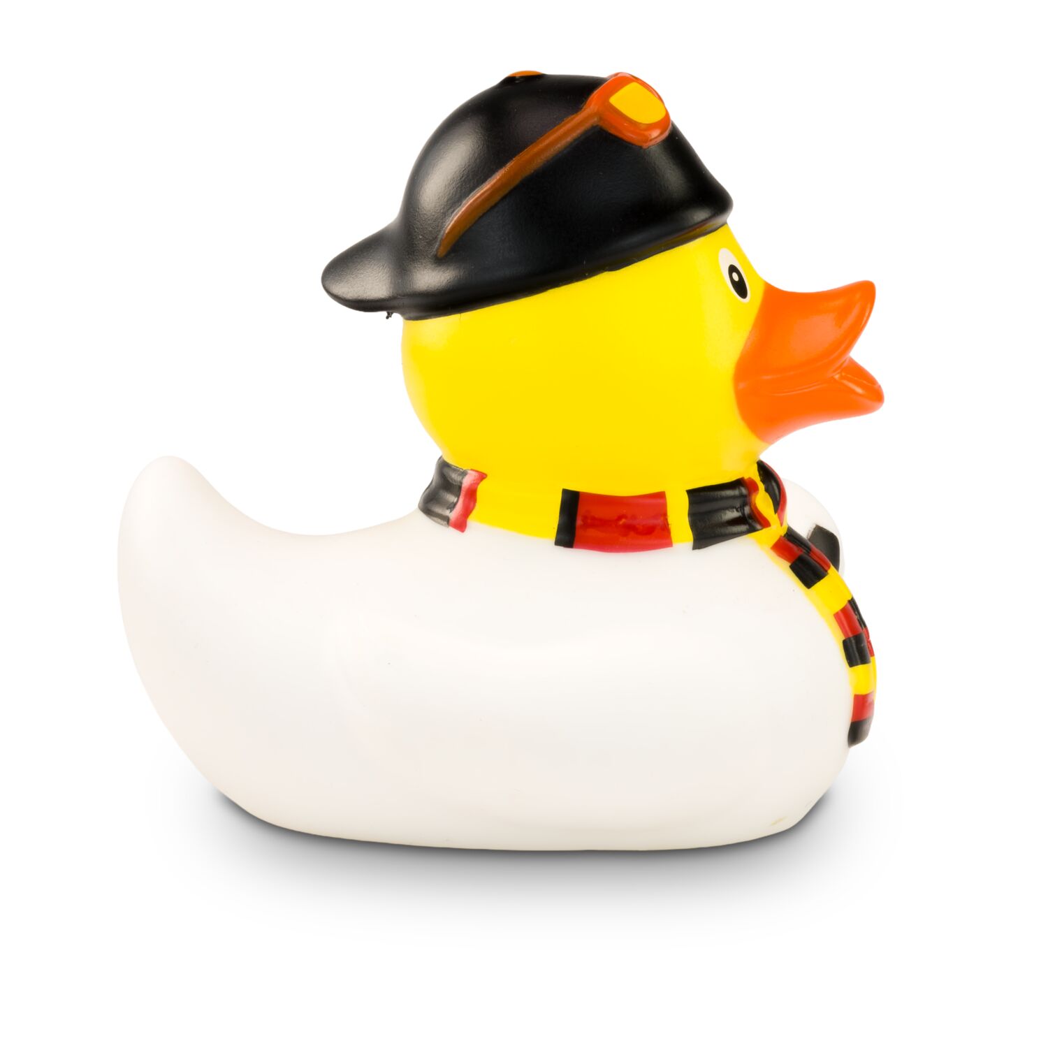 gelbe Werbeente Sandro Stadion mit weißem Trikot, Fanschal in schwarz-rot-gold und Fußball, Größe: ca. 8 cm. Inklusive Quietschventil