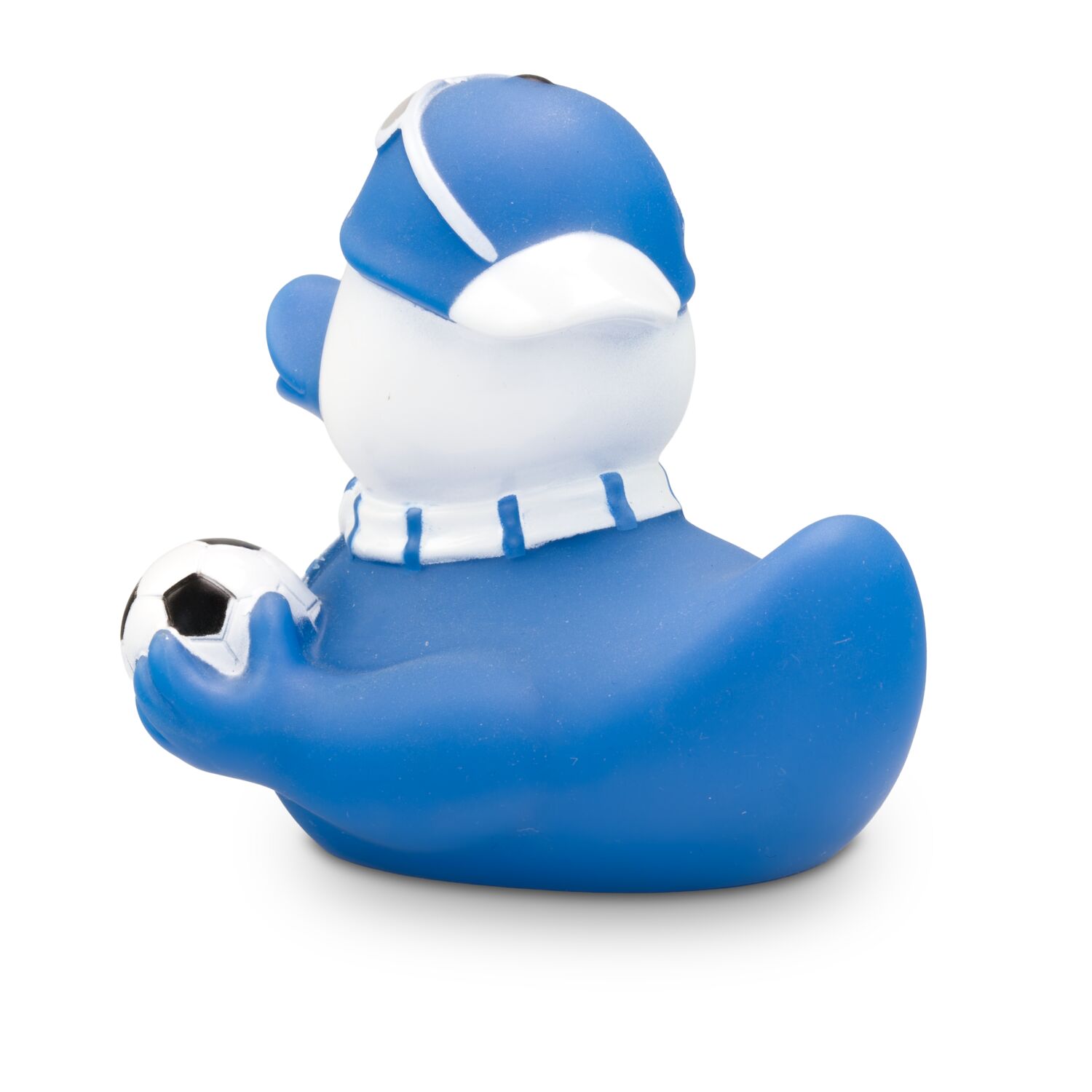 gelbe Werbeente Sandro Stadion mit Trikot, Fanschal in weiß-blau und Fußball, Größe: ca. 8 cm. Inklusive Quietschventil