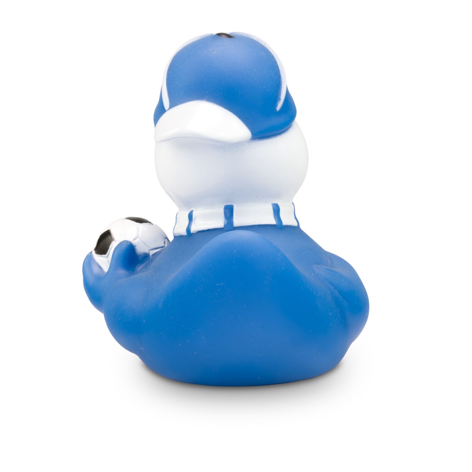 gelbe Werbeente Sandro Stadion mit Trikot, Fanschal in weiß-blau und Fußball, Größe: ca. 8 cm. Inklusive Quietschventil