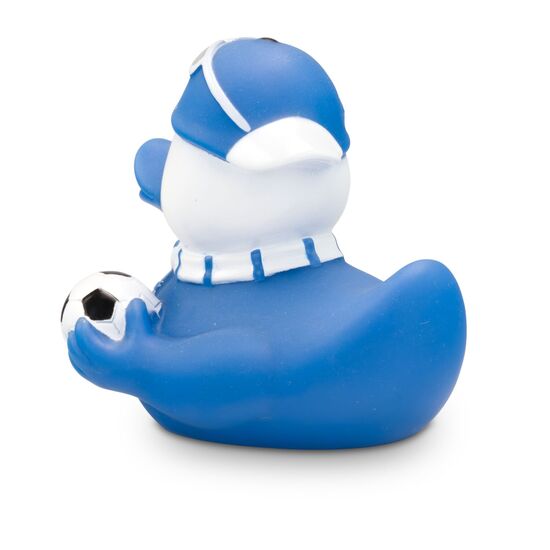 gelbe Werbeente Sandro Stadion mit Trikot, Fanschal in weiß-blau und Fußball, Größe: ca. 8 cm. Inklusive Quietschventil