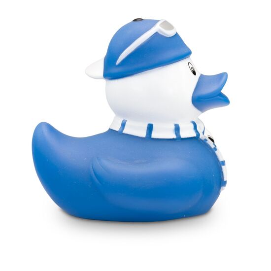 gelbe Werbeente Sandro Stadion mit Trikot, Fanschal in weiß-blau und Fußball, Größe: ca. 8 cm. Inklusive Quietschventil