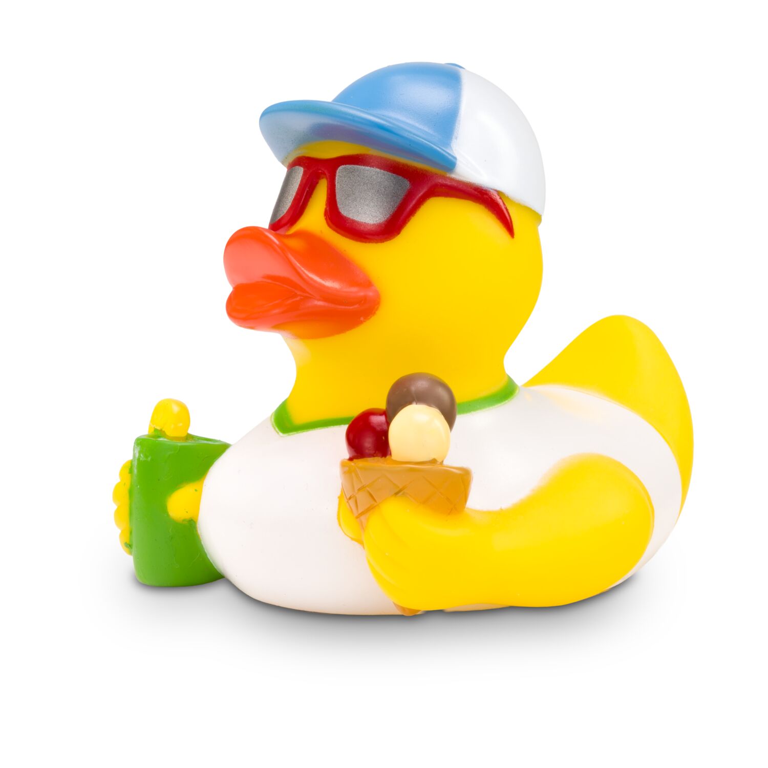 gelbe Werbeente Simon Sommer mit Sonnenbrille, Eis und Drink, Größe: ca. 8 cm. Inklusive Quietschventil