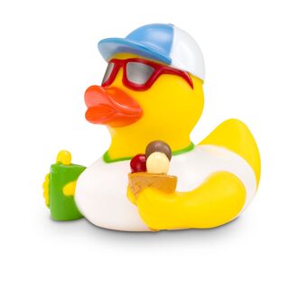 gelbe Werbeente Simon Sommer mit Sonnenbrille, Eis und Drink, Größe: ca. 8 cm. Inklusive Quietschventil