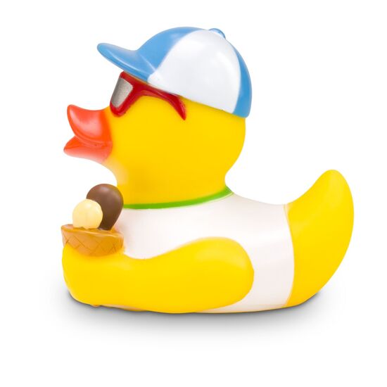 gelbe Werbeente Simon Sommer mit Sonnenbrille, Eis und Drink, Größe: ca. 8 cm. Inklusive Quietschventil
