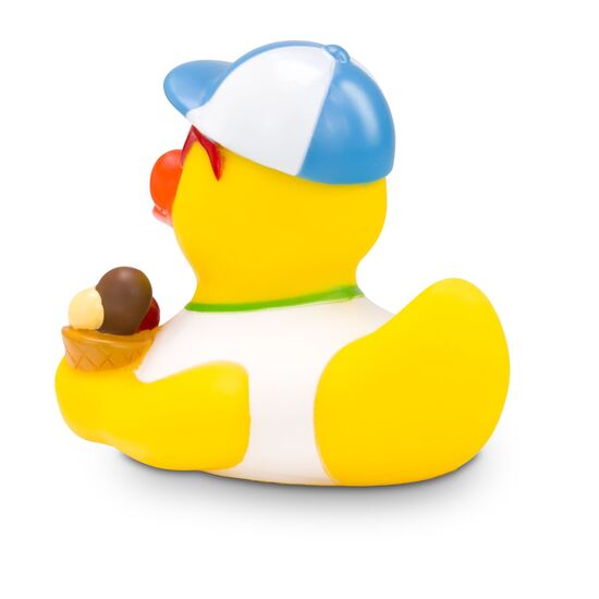 gelbe Werbeente Simon Sommer mit Sonnenbrille, Eis und Drink, Größe: ca. 8 cm. Inklusive Quietschventil