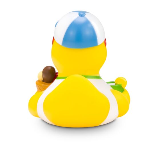 gelbe Werbeente Simon Sommer mit Sonnenbrille, Eis und Drink, Größe: ca. 8 cm. Inklusive Quietschventil