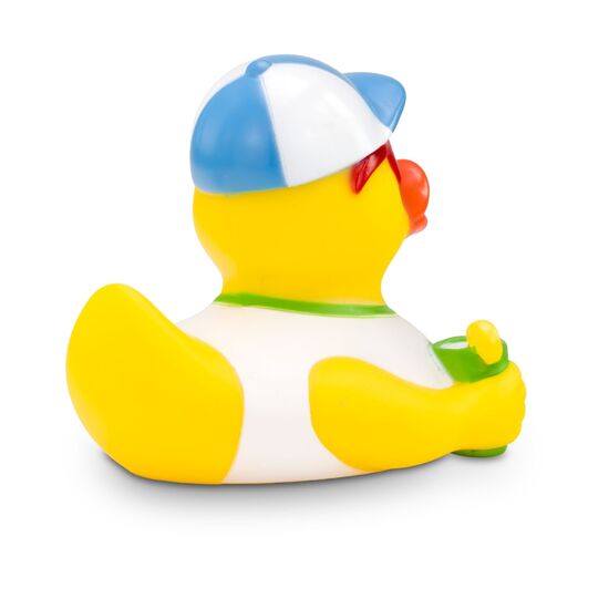 gelbe Werbeente Simon Sommer mit Sonnenbrille, Eis und Drink, Größe: ca. 8 cm. Inklusive Quietschventil