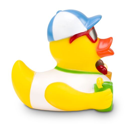 gelbe Werbeente Simon Sommer mit Sonnenbrille, Eis und Drink, Größe: ca. 8 cm. Inklusive Quietschventil