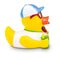 gelbe Werbeente Simon Sommer mit Sonnenbrille, Eis und Drink, Größe: ca. 8 cm. Inklusive Quietschventil