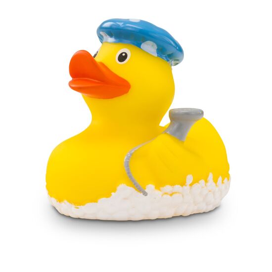 gelbe Werbeente Berta Brause mit Badehaube, Duschkopf und Schaumblasen, Größe: ca. 8 cm. Inklusive Quietschventil