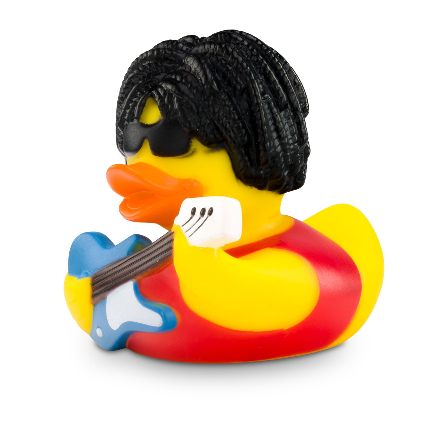 gelbe Badeente Ringo Rockstar mit Lockenkopf, Sonnenbrille, rotem Shirt und E-Gitarre, Größe: ca. 8 cm. Inklusive Quietschventil