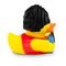 gelbe Badeente Ringo Rockstar mit Lockenkopf, Sonnenbrille, rotem Shirt und E-Gitarre, Größe: ca. 8 cm. Inklusive Quietschventil