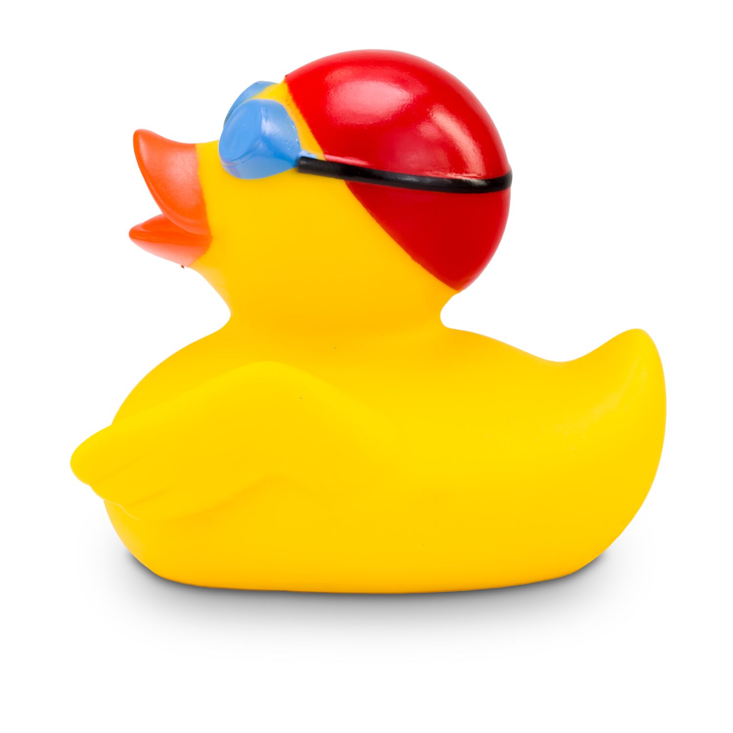 gelbe Badeente Kristin Kraul mit Badekappe und Schwimmbrille, Größe: ca. 8 cm. Inklusive Quietschventil
