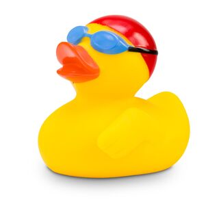 gelbe Badeente Kristin Kraul mit Badekappe und Schwimmbrille, Größe: ca. 8 cm. Inklusive Quietschventil